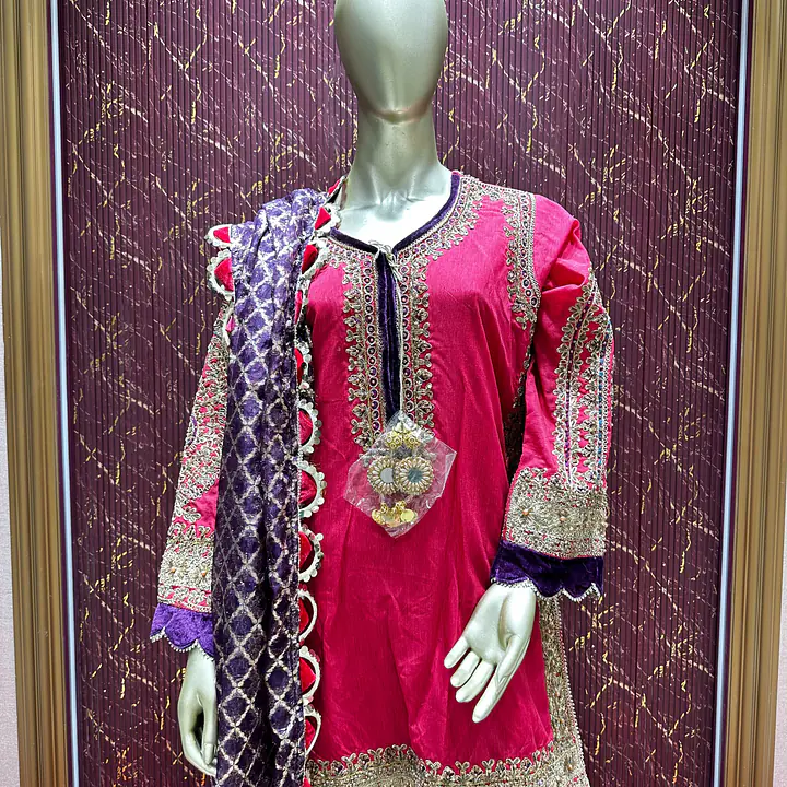 Regal Raw Silk Gharara Set - Color: Hot Pink, Size: 3XL