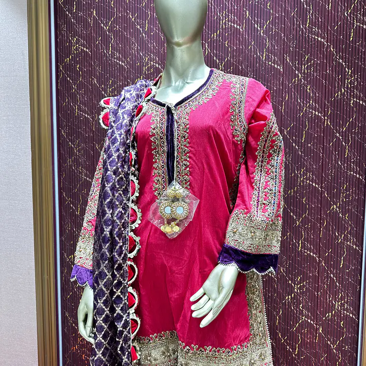 Regal Raw Silk Gharara Set - Color: Hot Pink, Size: 3XL