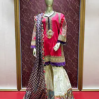 Regal Raw Silk Gharara Set - Color: Hot Pink, Size: 3XL