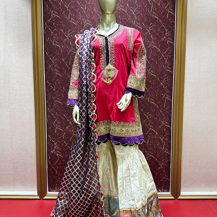 Regal Raw Silk Gharara Set - Color: Hot Pink, Size: 3XL
